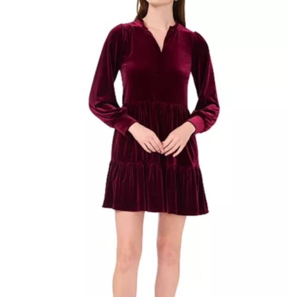 1. State Dress Womens Size L Velvet Burgundy Long Sleeve Tiered Mini Holiday